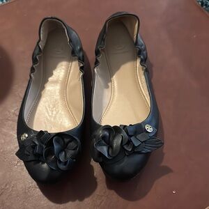 Tory Burch Black Ballet Flats with Floral Embellishments